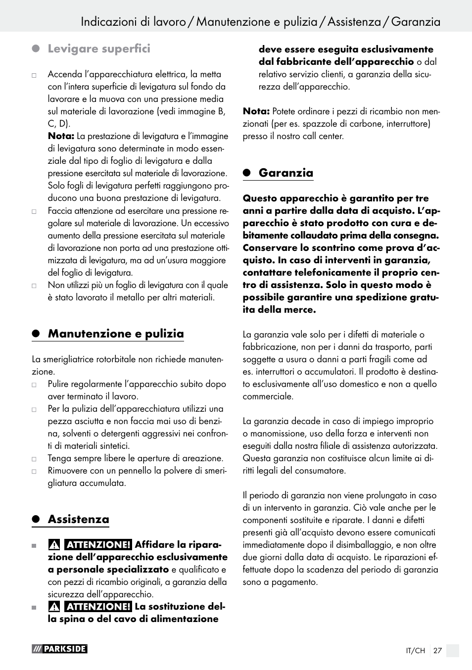 Levigare superfici, Manutenzione e pulizia, Assistenza | Garanzia | Parkside PEXS 270 A1 User Manual | Page 27 / 37