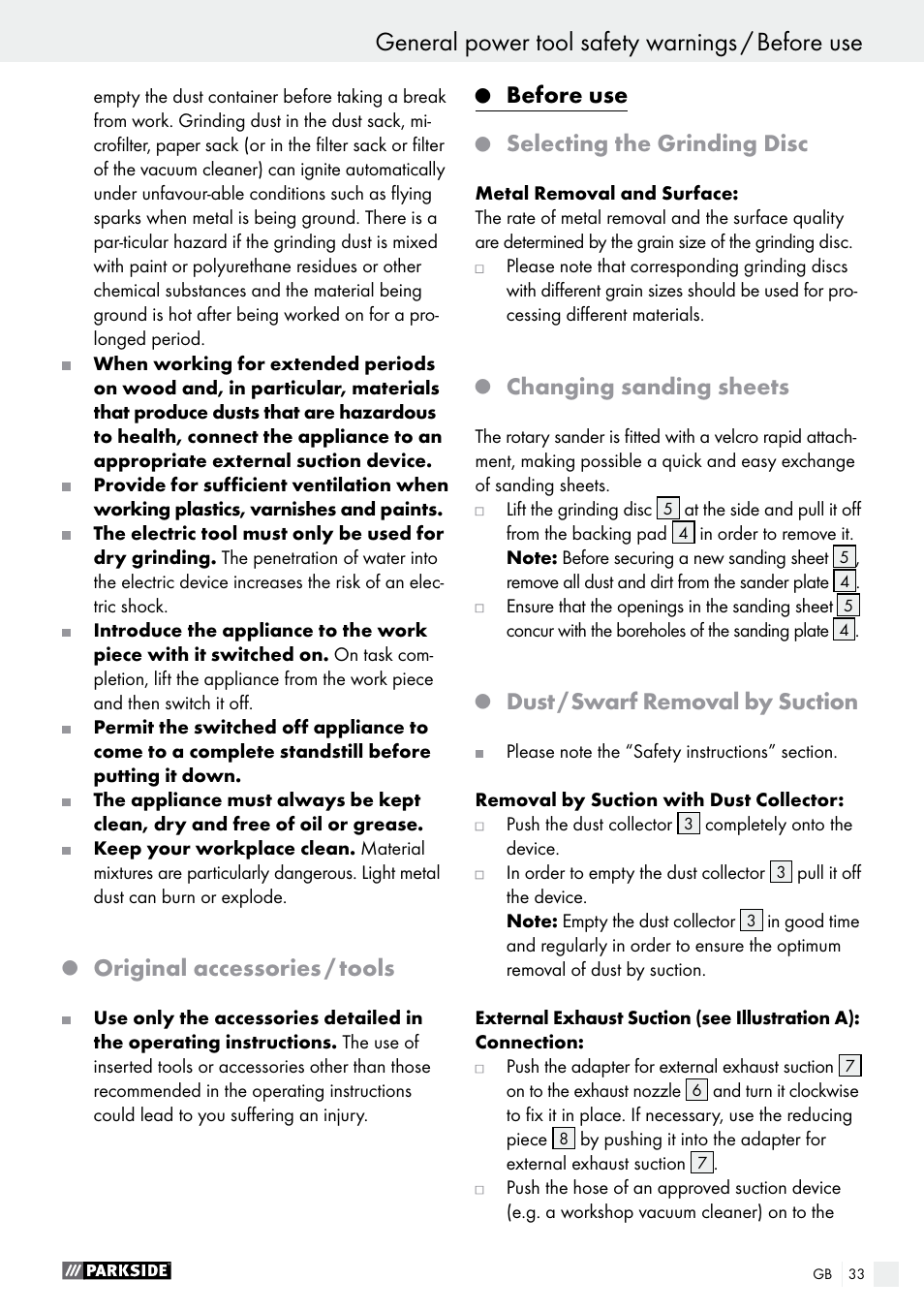 General power tool safety warnings / before use, Original accessories / tools, Before use | Selecting the grinding disc, Changing sanding sheets, Dust / swarf removal by suction | Parkside PEXS 270 A1 User Manual | Page 33 / 37