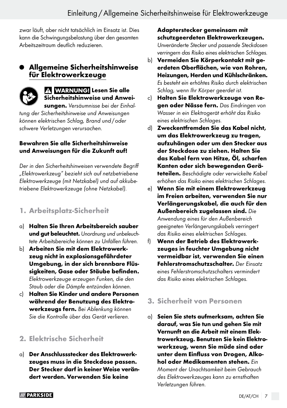 Arbeitsplatz-sicherheit, Elektrische sicherheit, Sicherheit von personen | Parkside PEXS 270 A1 User Manual | Page 7 / 37