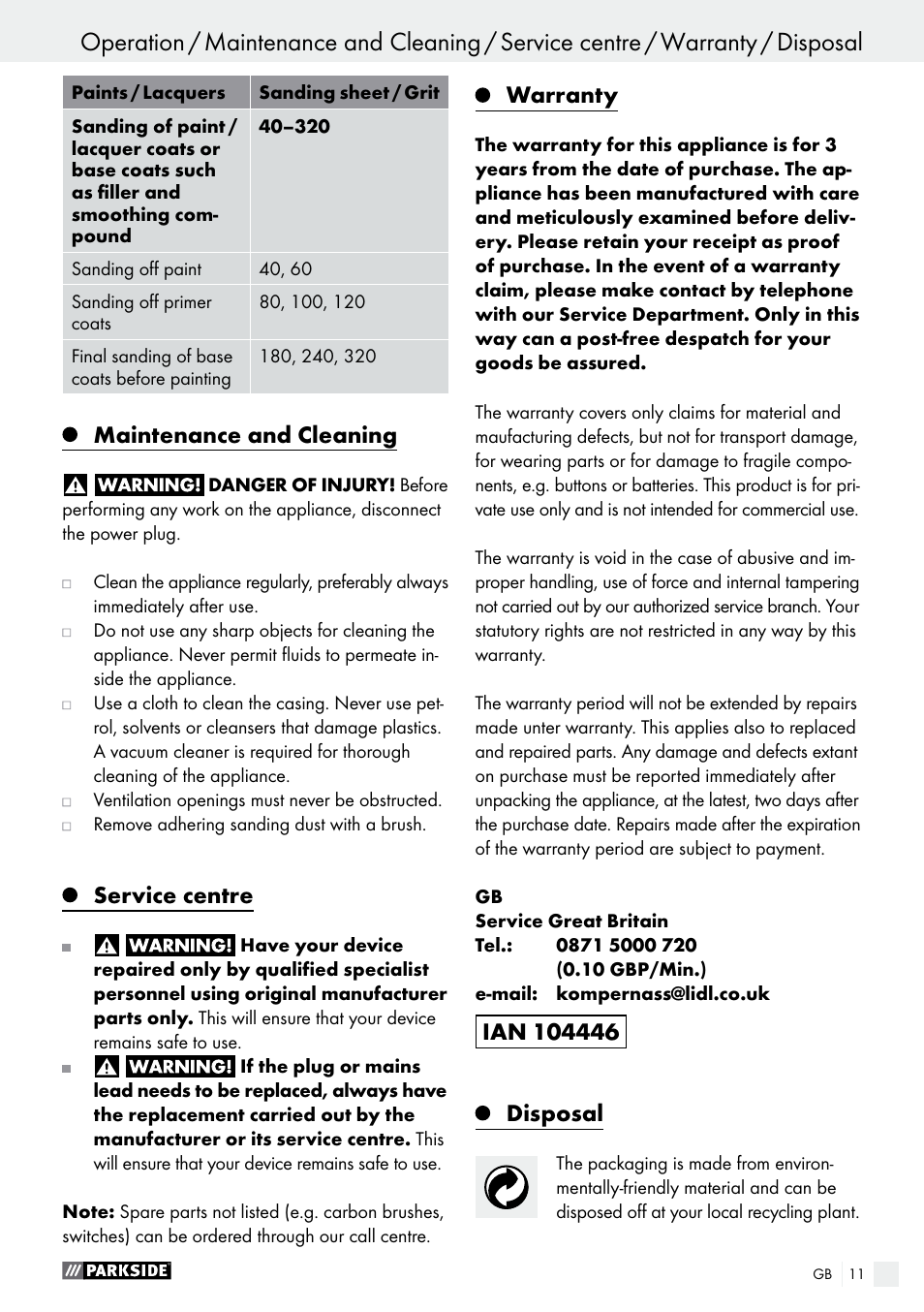 Maintenance and cleaning, Service centre, Warranty | Disposal | Parkside PSS 250 A1 User Manual | Page 11 / 68
