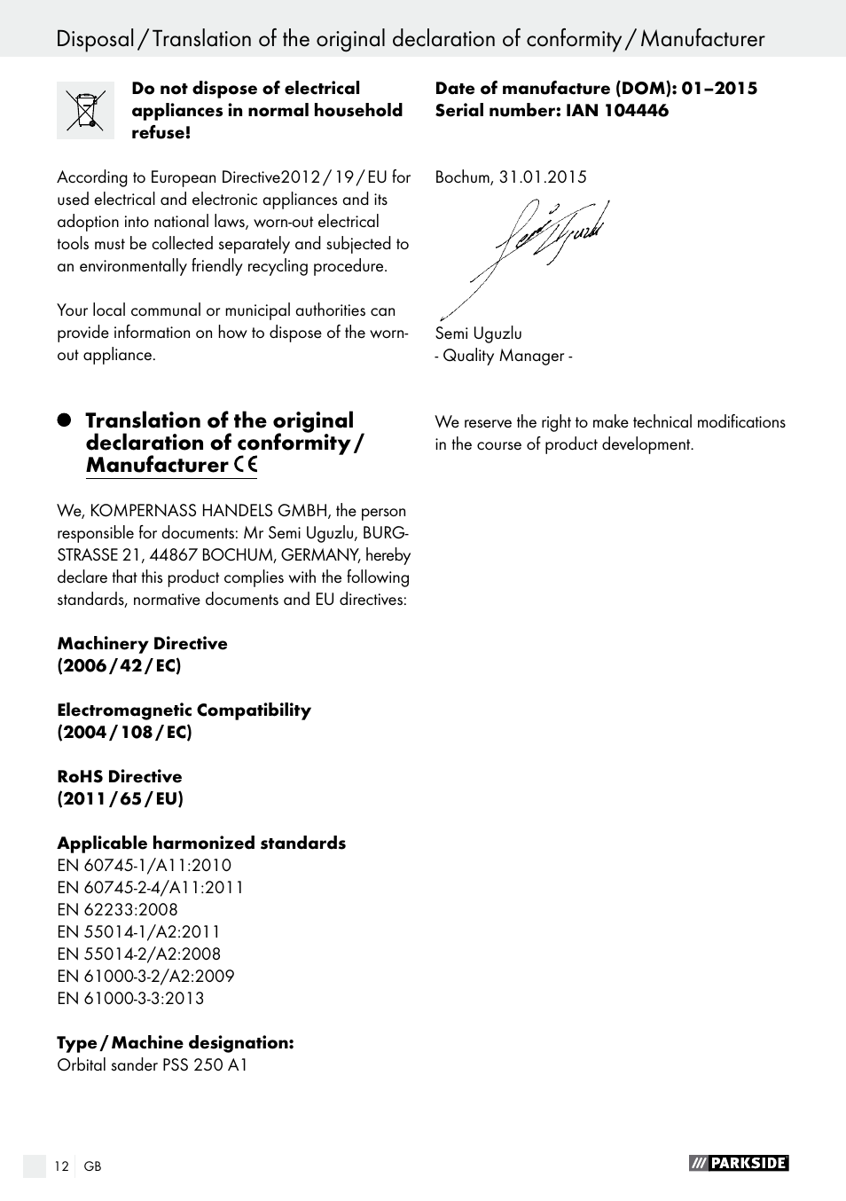 Spis zawartości | Parkside PSS 250 A1 User Manual | Page 12 / 68