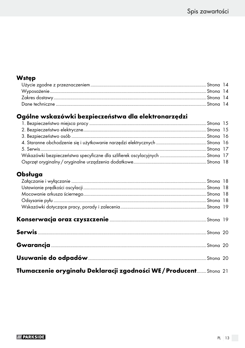 Spis zawartości | Parkside PSS 250 A1 User Manual | Page 13 / 68