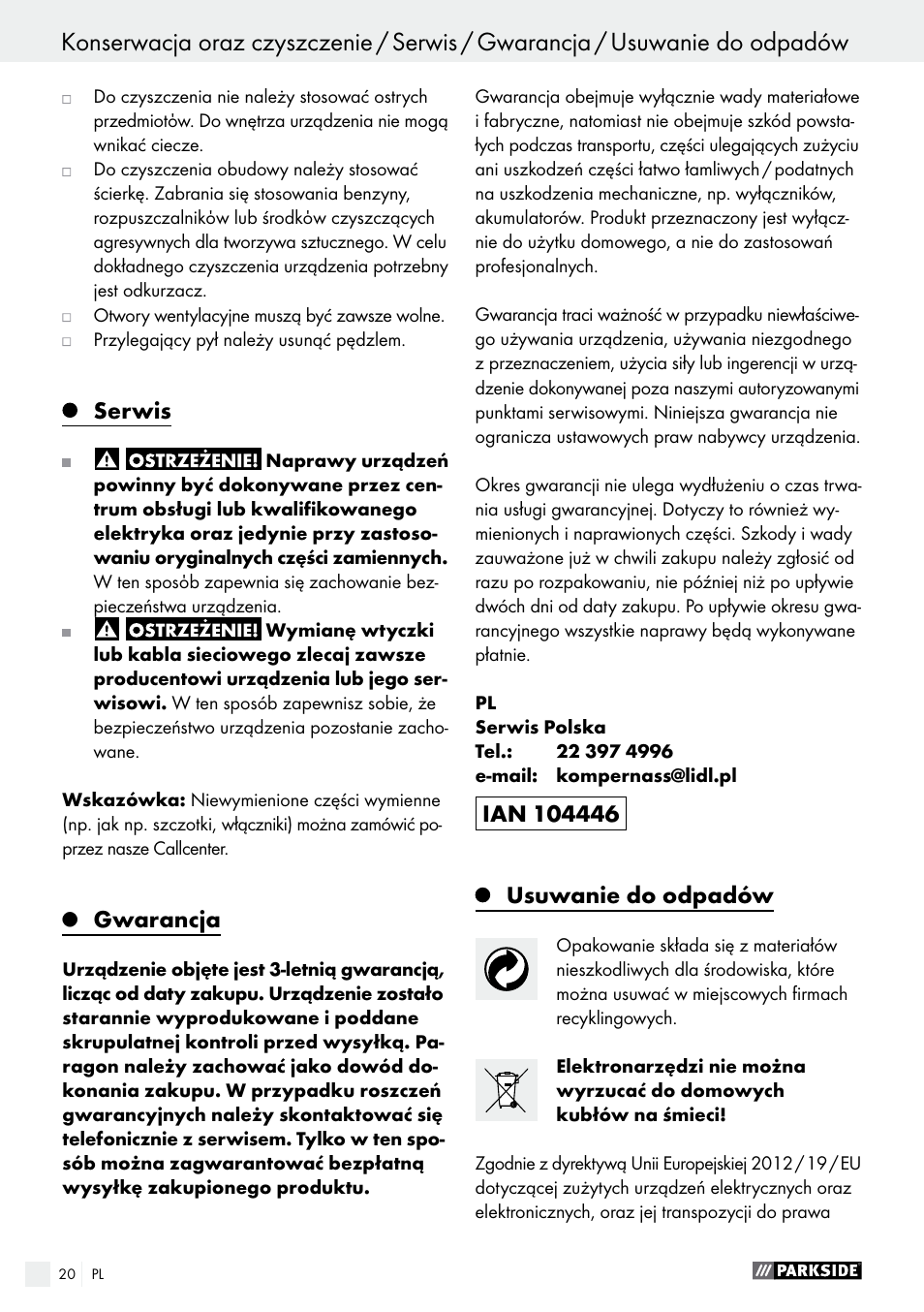 Serwis, Gwarancja, Usuwanie do odpadów | Parkside PSS 250 A1 User Manual | Page 20 / 68