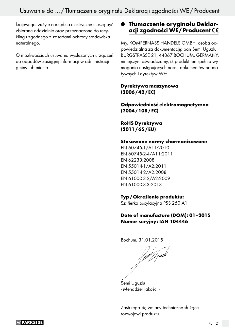 Parkside PSS 250 A1 User Manual | Page 21 / 68