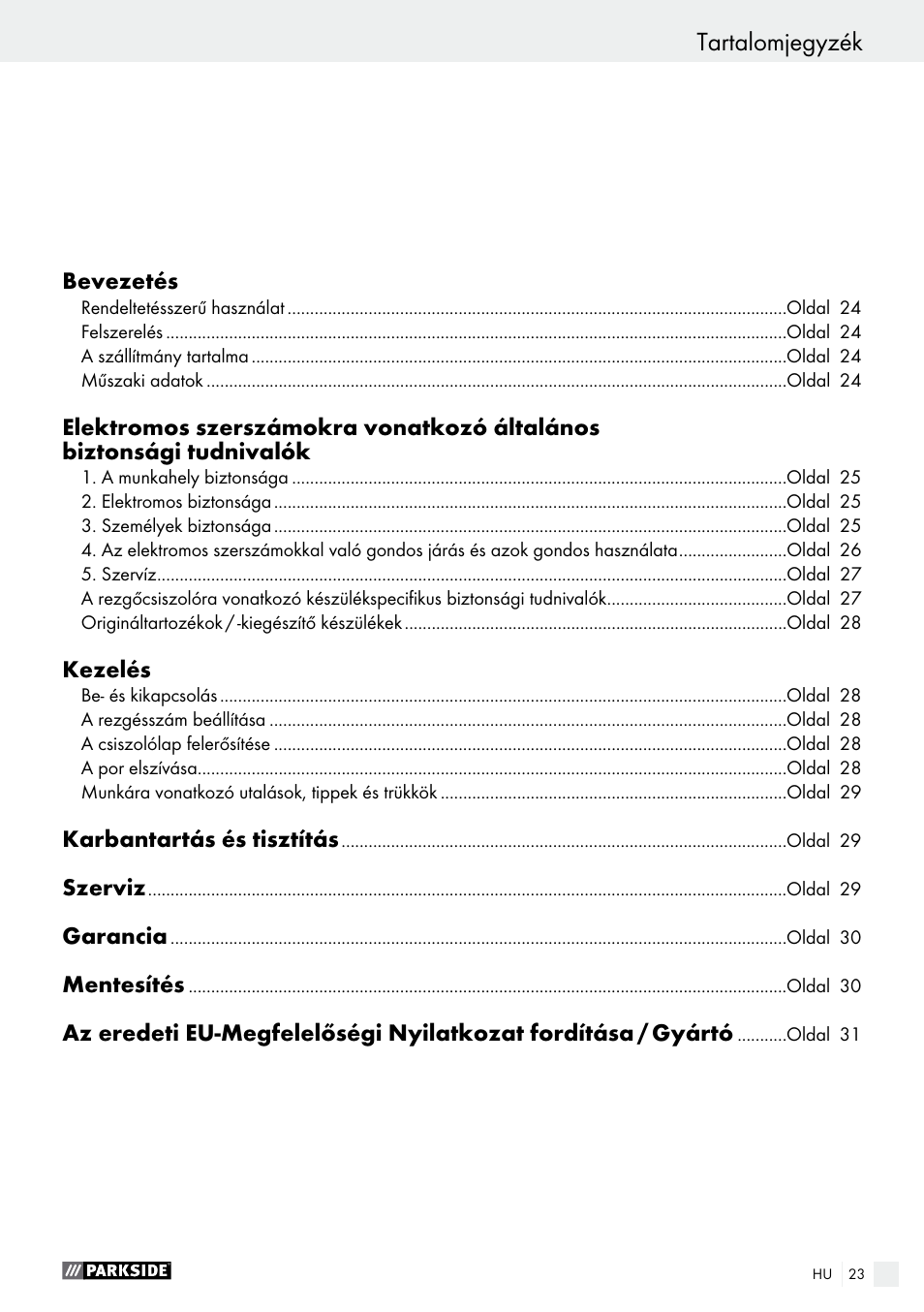 Tartalomjegyzék | Parkside PSS 250 A1 User Manual | Page 23 / 68