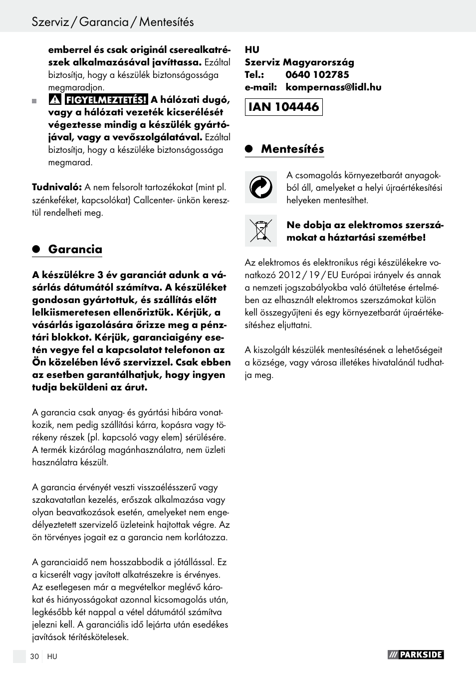 Szerviz / garancia / mentesítés, Garancia, Mentesítés | Parkside PSS 250 A1 User Manual | Page 30 / 68