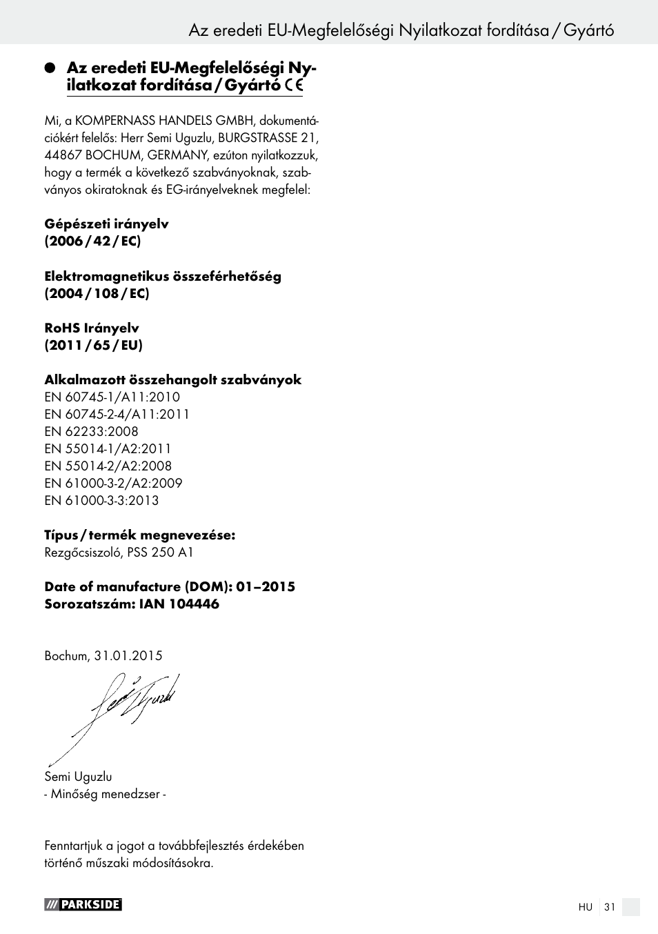 Parkside PSS 250 A1 User Manual | Page 31 / 68
