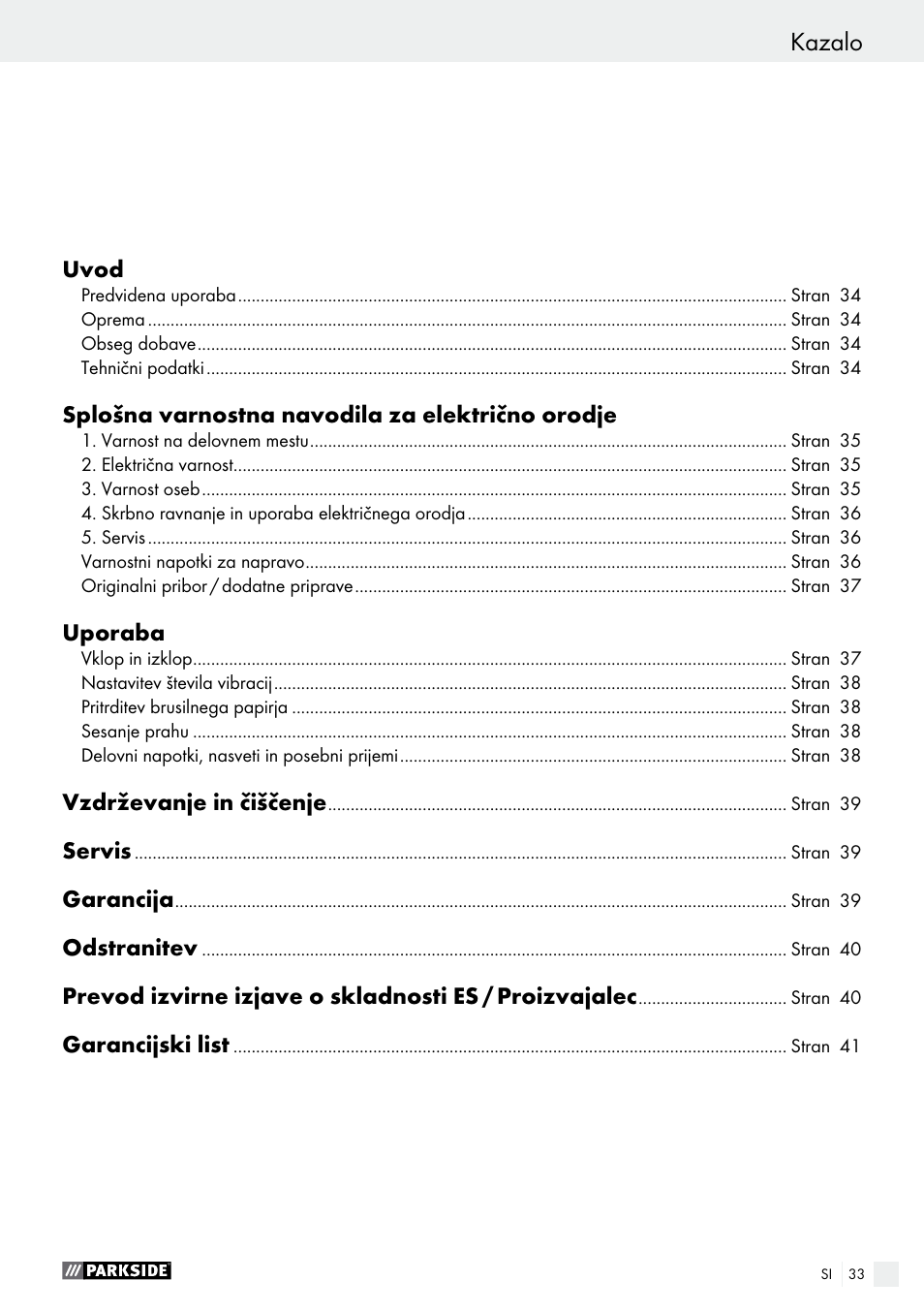 Kazalo | Parkside PSS 250 A1 User Manual | Page 33 / 68
