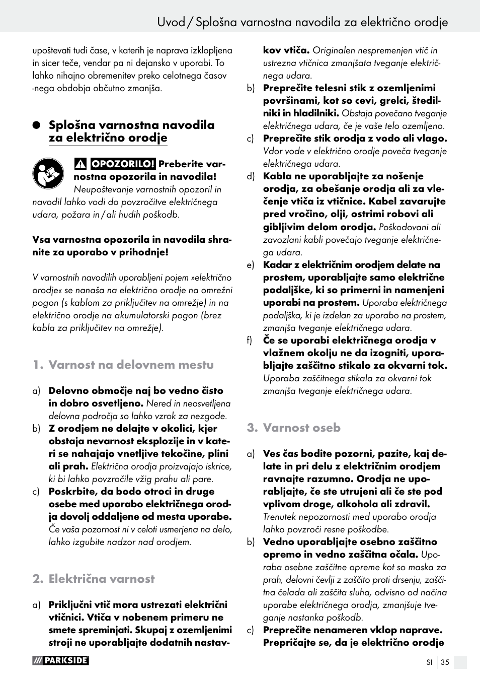 Splošna varnostna navodila za električno orodje, Varnost na delovnem mestu, Električna varnost | Varnost oseb | Parkside PSS 250 A1 User Manual | Page 35 / 68