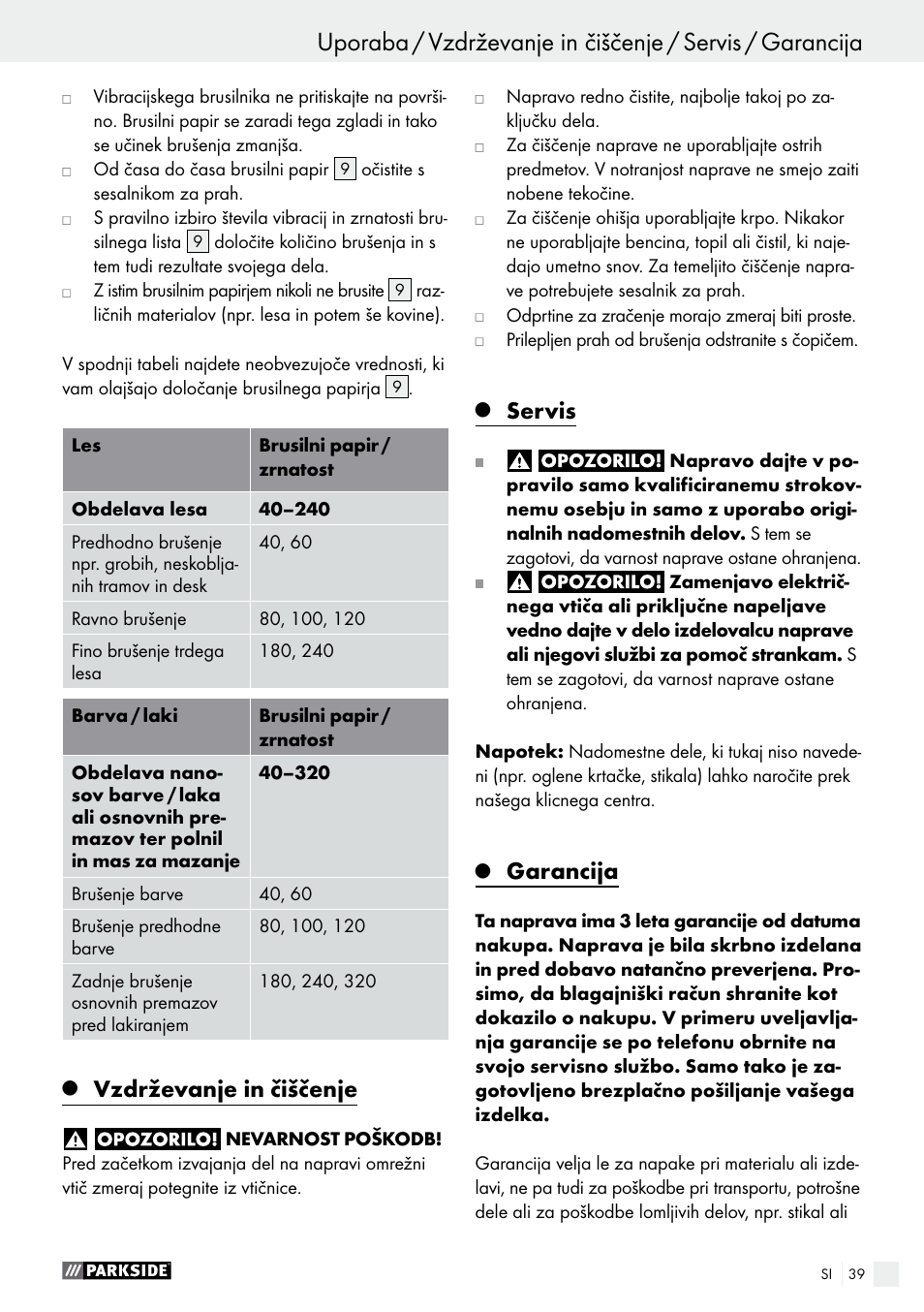 Vzdrževanje in čiščenje, Servis, Garancija | Parkside PSS 250 A1 User Manual | Page 39 / 68