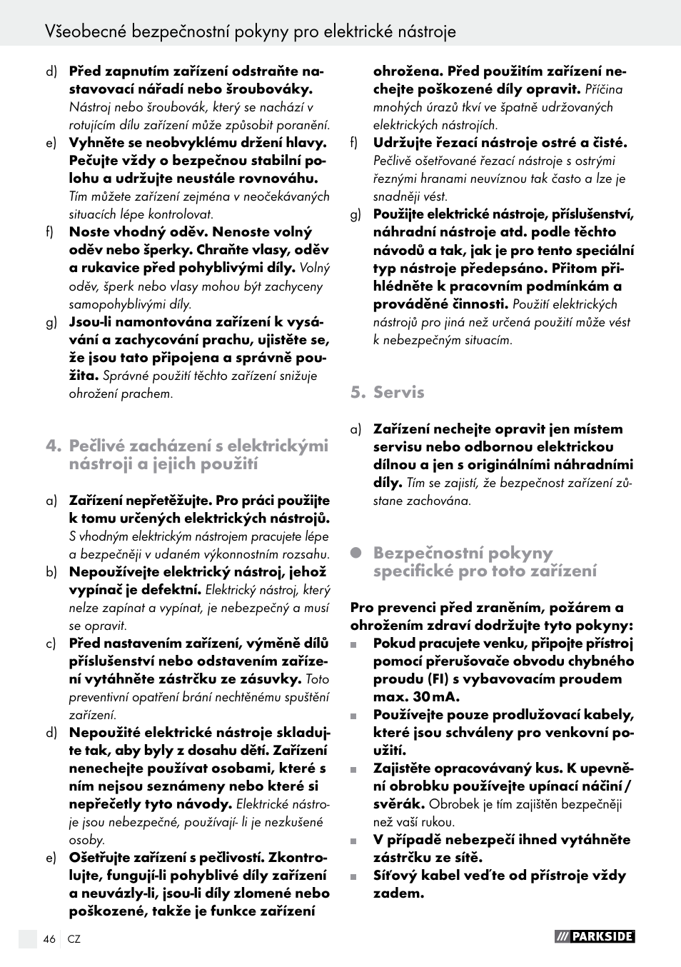 Servis, Bezpečnostní pokyny specifické pro toto zařízení | Parkside PSS 250 A1 User Manual | Page 46 / 68