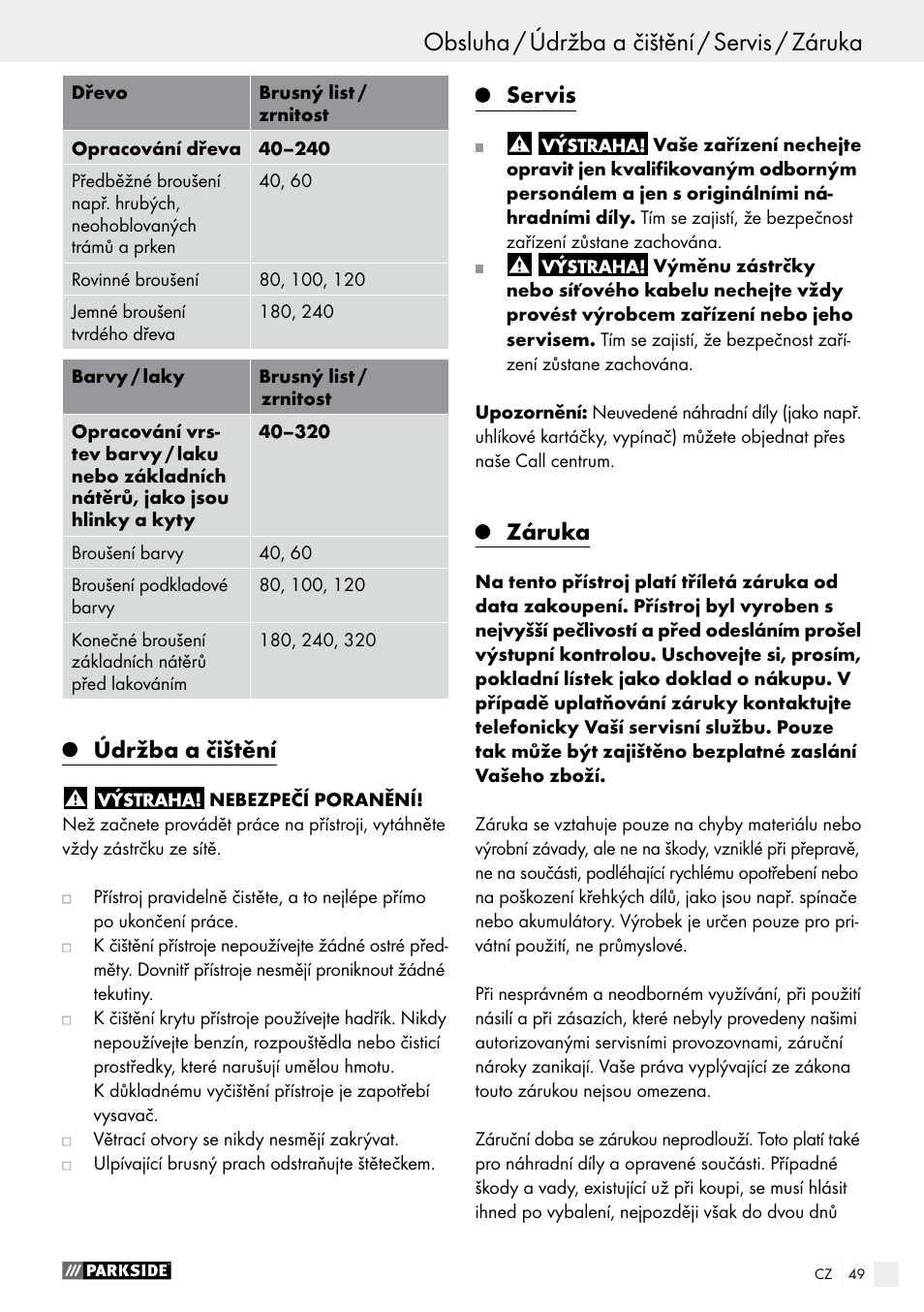 Obsluha / údržba a čištění / servis / záruka, Údržba a čištění, Servis | Záruka | Parkside PSS 250 A1 User Manual | Page 49 / 68
