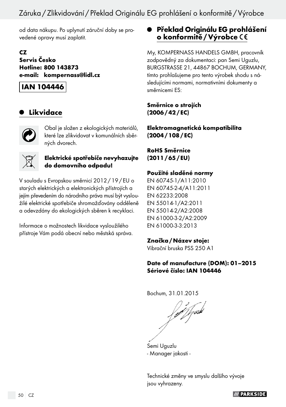 Likvidace | Parkside PSS 250 A1 User Manual | Page 50 / 68
