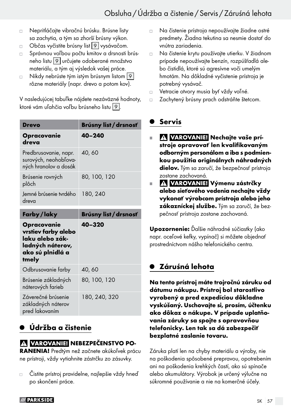 Údržba a čistenie, Servis, Záruśná lehota | Parkside PSS 250 A1 User Manual | Page 57 / 68