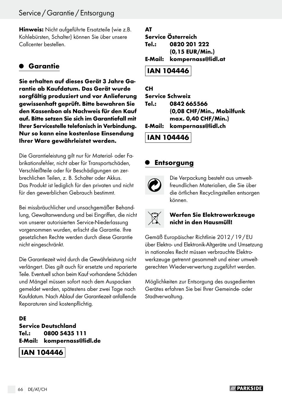 Original-eg-konformitätserklärung / hersteller, Service / garantie / entsorgung | Parkside PSS 250 A1 User Manual | Page 66 / 68