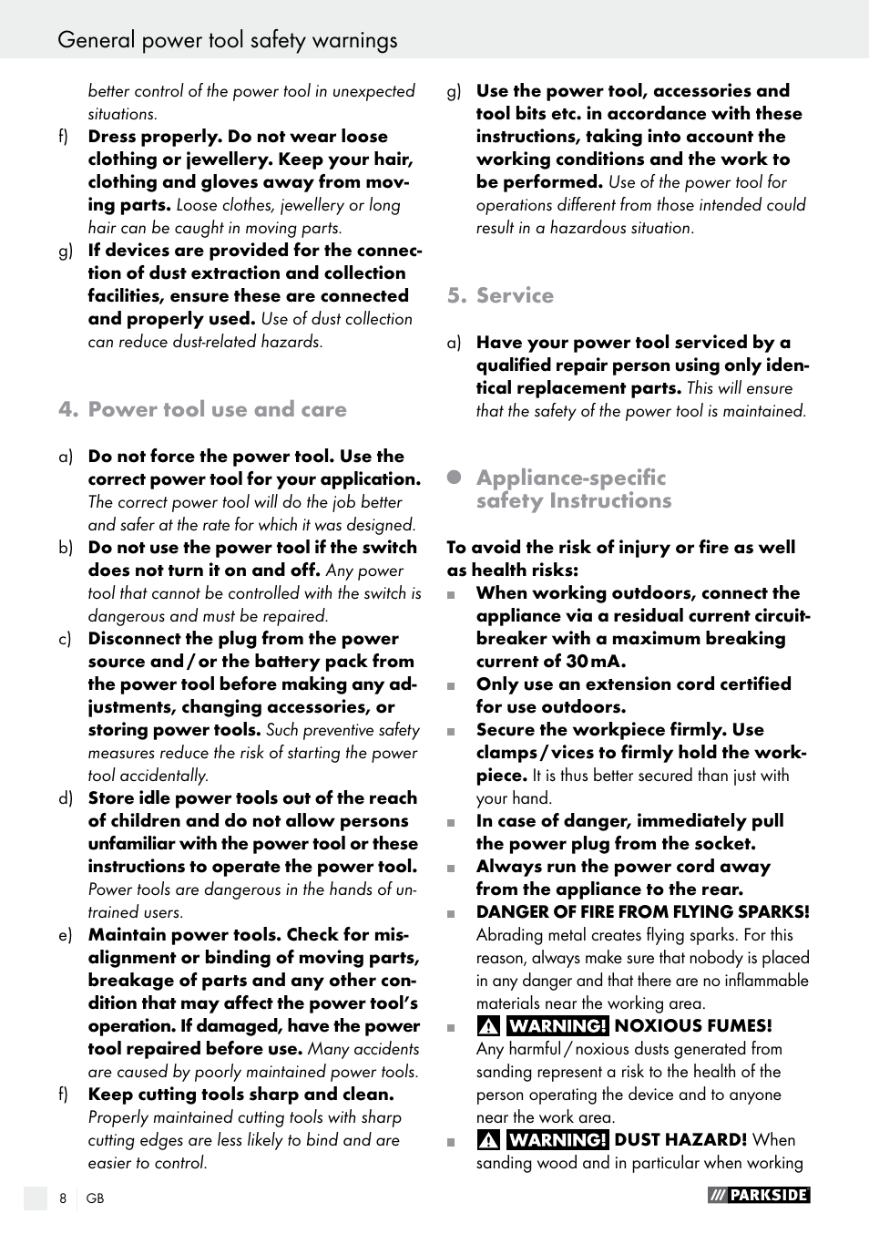 Power tool use and care, Service, Appliance-specific safety instructions | Parkside PSS 250 A1 User Manual | Page 8 / 68