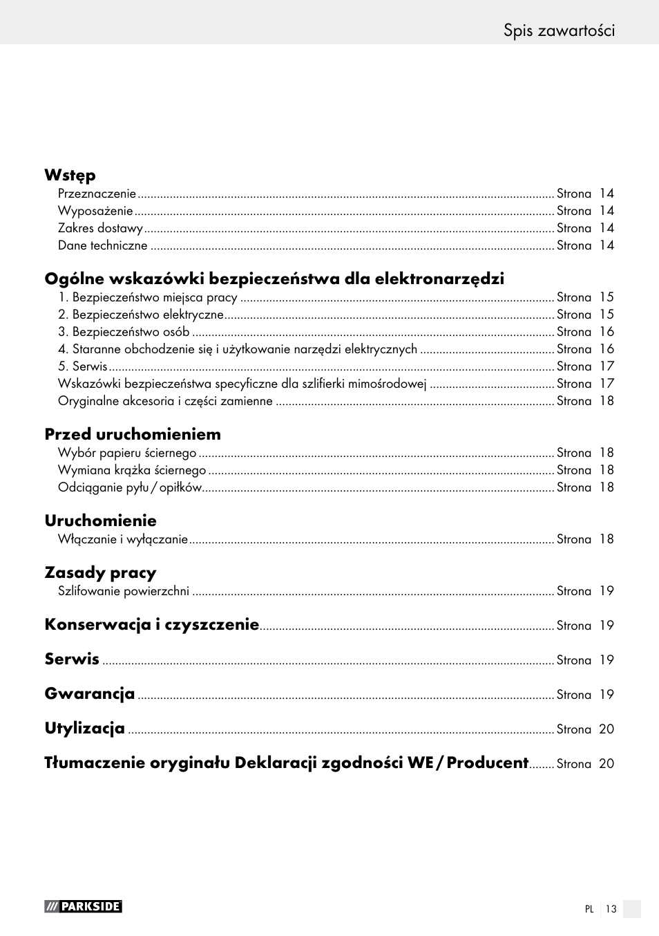Spis zawartości | Parkside PEXS 270 A1 User Manual | Page 13 / 63