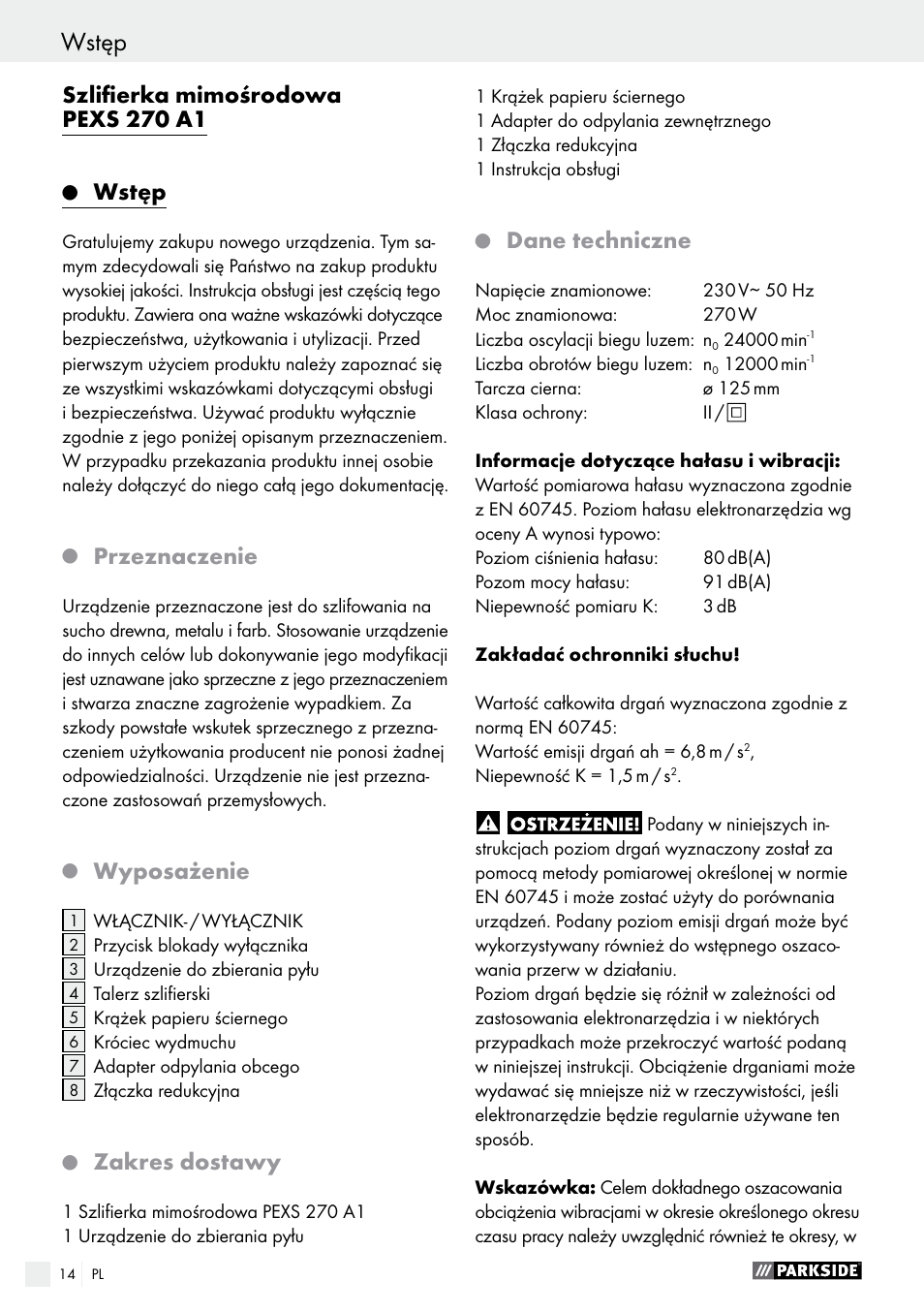 Wstęp, Szlifierka mimośrodowa pexs 270 a1, Przeznaczenie | Wyposażenie, Zakres dostawy, Dane techniczne | Parkside PEXS 270 A1 User Manual | Page 14 / 63