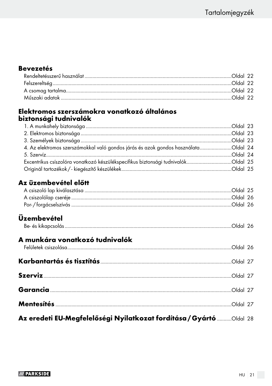 Tartalomjegyzék | Parkside PEXS 270 A1 User Manual | Page 21 / 63