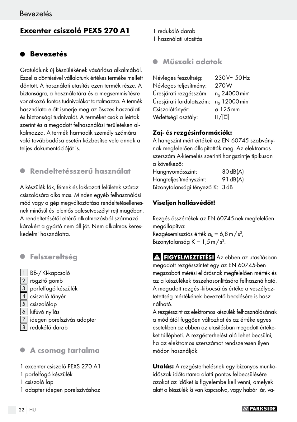 Bevezetés, Excenter csiszoló pexs 270 a1, Rendeltetésszerű használat | Felszereltség, A csomag tartalma, Műszaki adatok | Parkside PEXS 270 A1 User Manual | Page 22 / 63