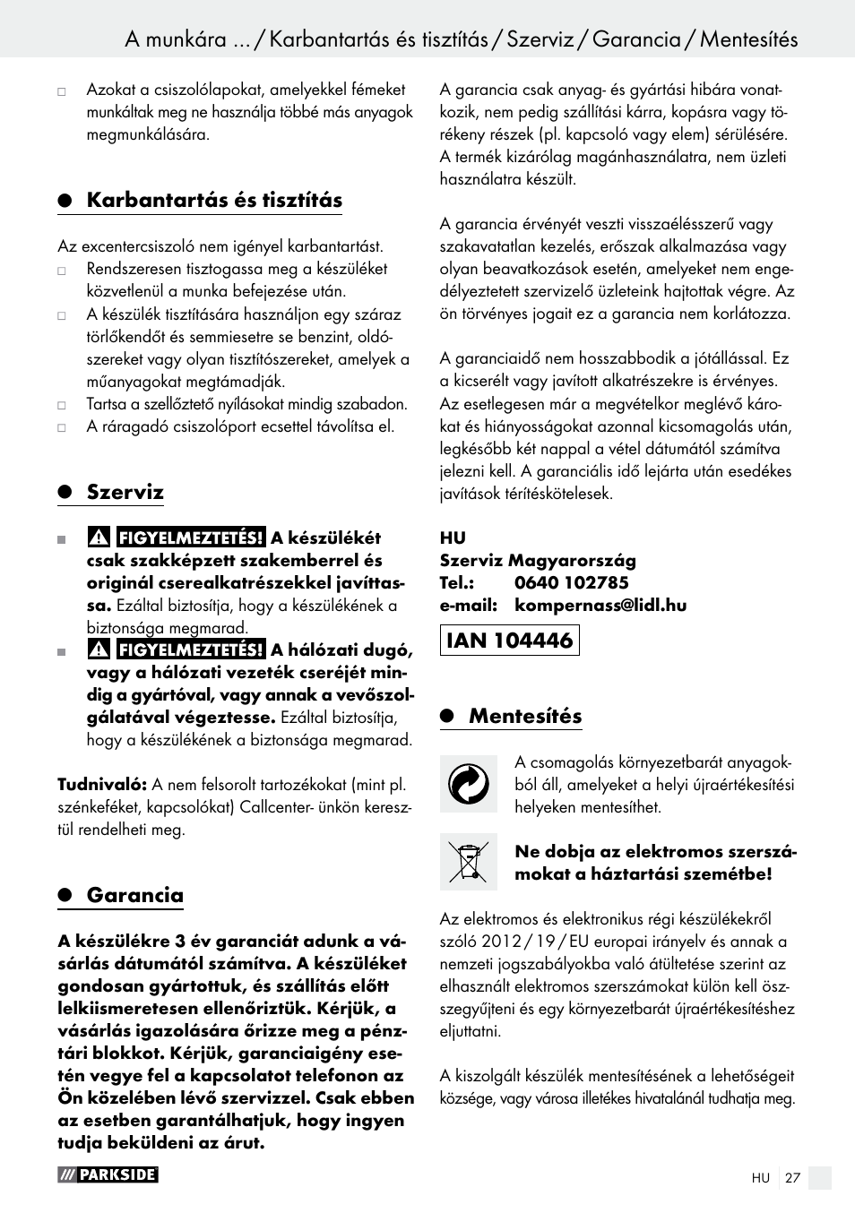 Karbantartás és tisztítás, Szerviz, Garancia | Mentesítés | Parkside PEXS 270 A1 User Manual | Page 27 / 63