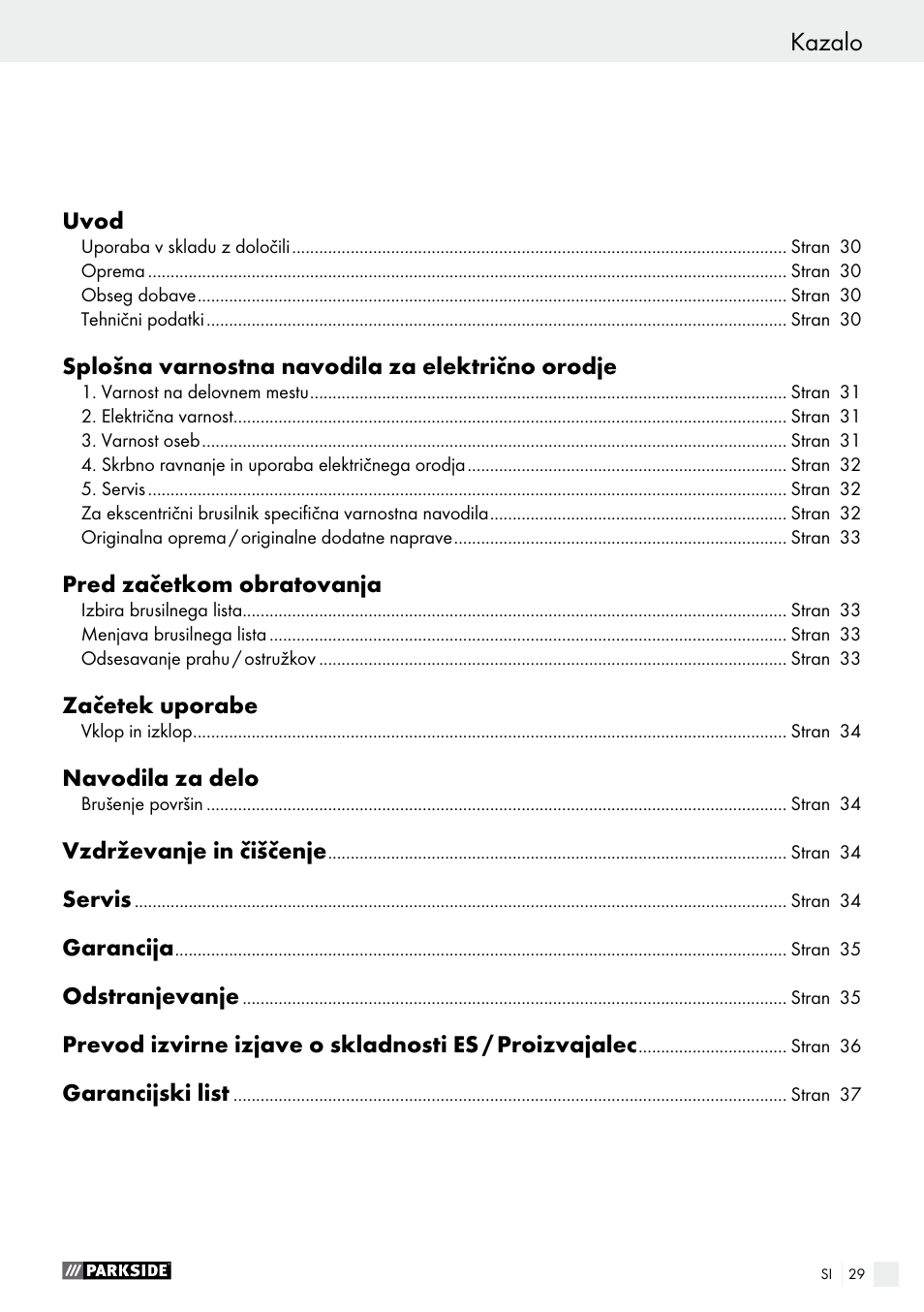 Kazalo | Parkside PEXS 270 A1 User Manual | Page 29 / 63