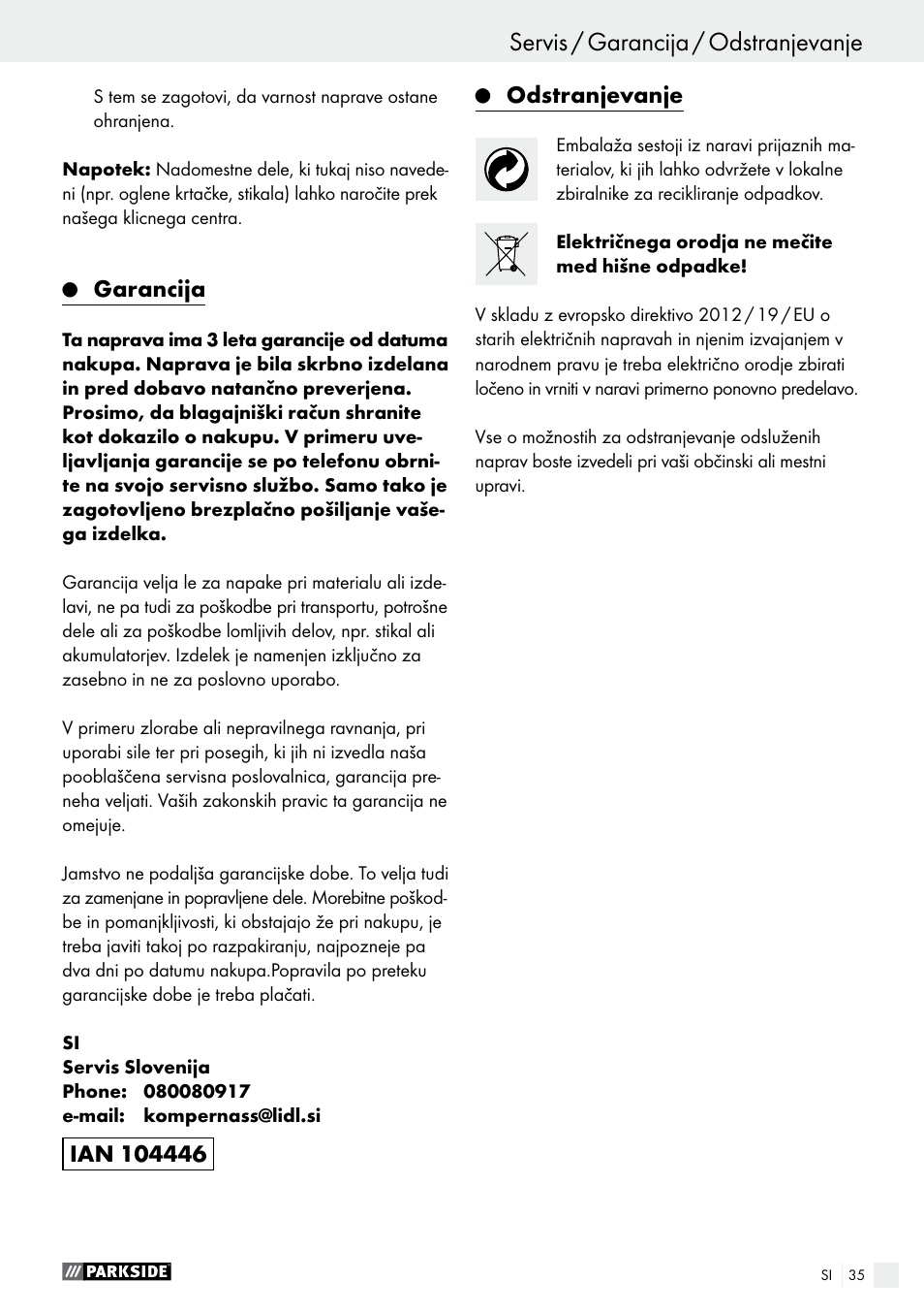 Garancija, Odstranjevanje | Parkside PEXS 270 A1 User Manual | Page 35 / 63