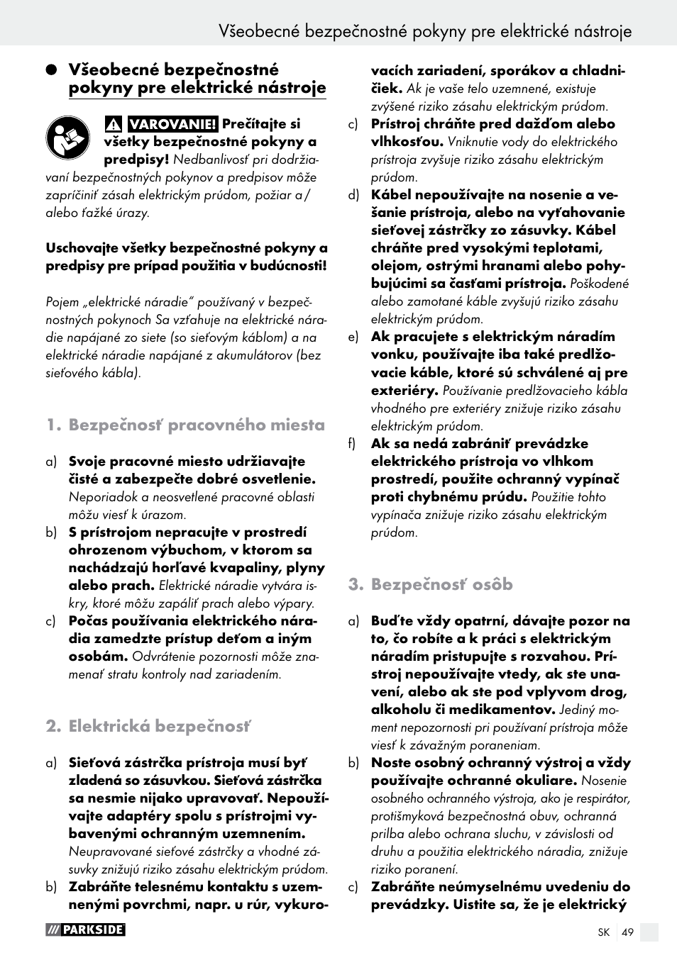 Bezpečnosť pracovného miesta, Elektrická bezpečnosť, Bezpečnosť osôb | Parkside PEXS 270 A1 User Manual | Page 49 / 63