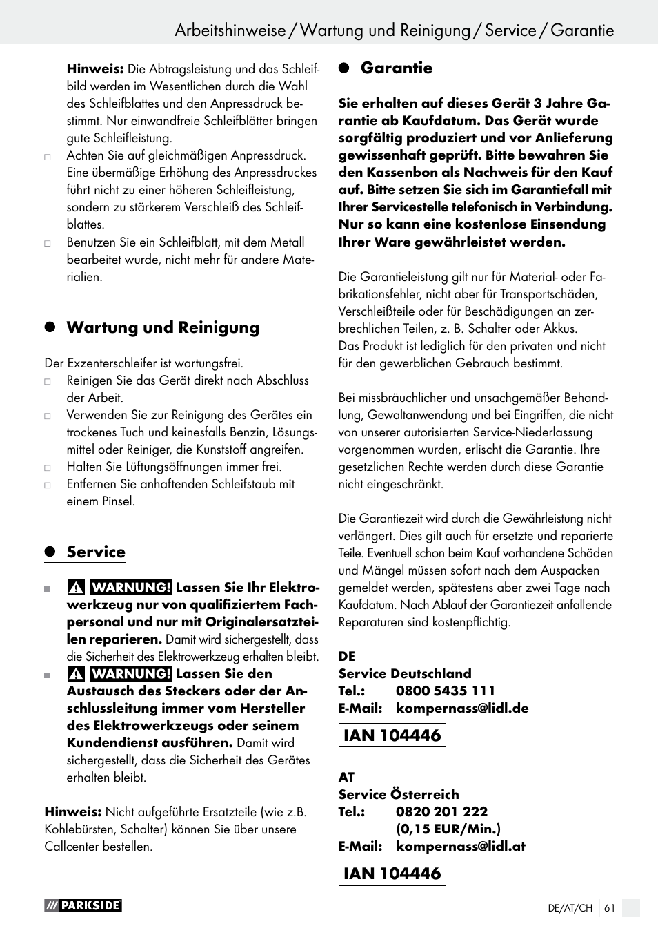 Wartung und reinigung, Service, Garantie | Parkside PEXS 270 A1 User Manual | Page 61 / 63