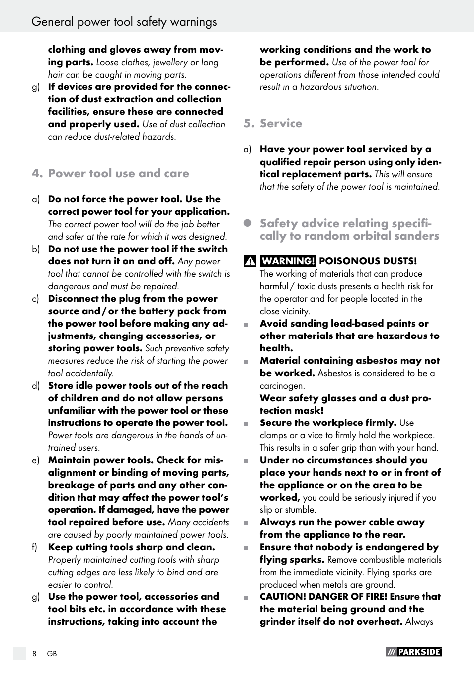 General power tool safety warnings, Power tool use and care, Service | Parkside PEXS 270 A1 User Manual | Page 8 / 63