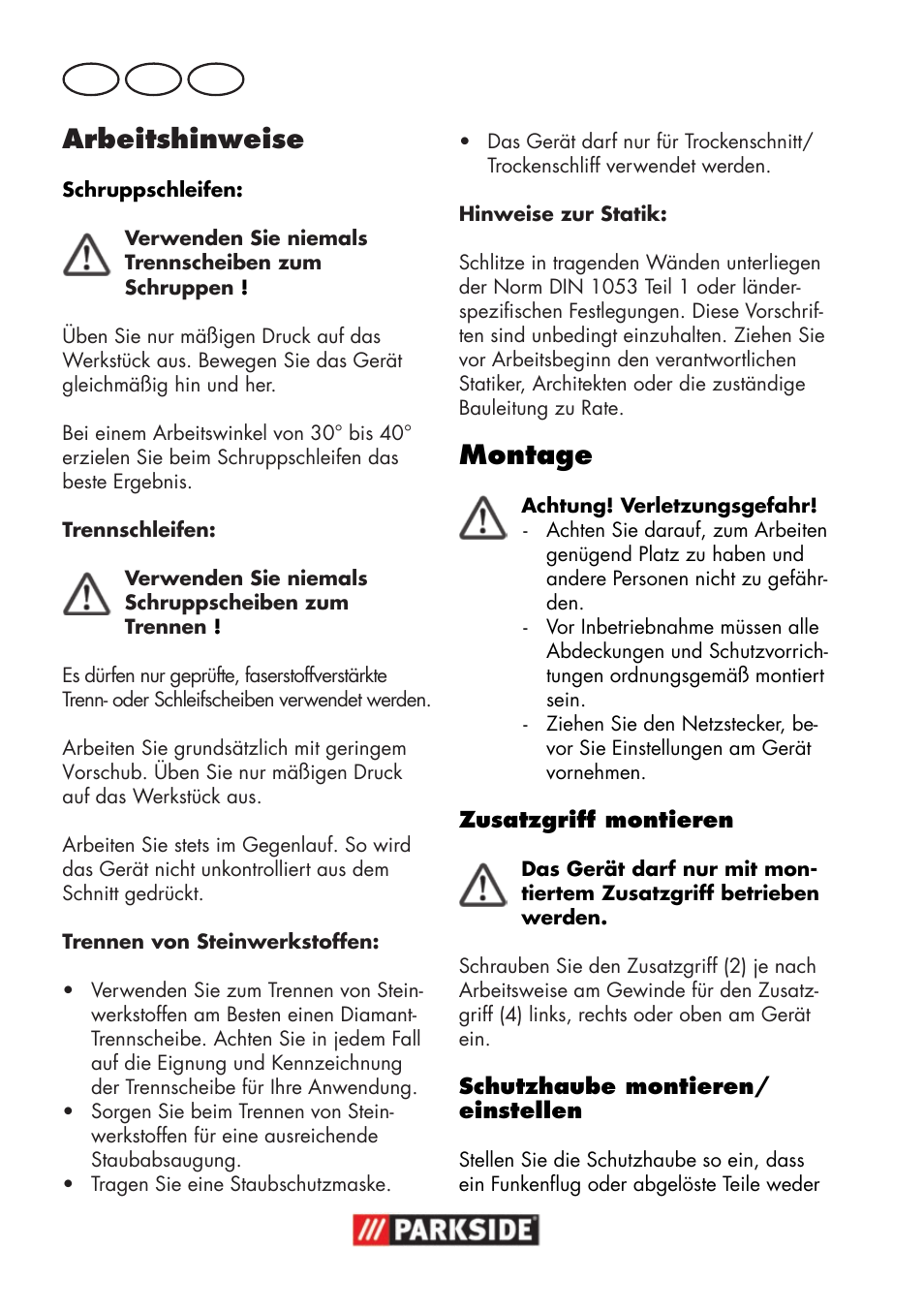 Arbeitshinweise, Montage, De at ch | Parkside PWSA 18 A1 User Manual | Page 20 / 102