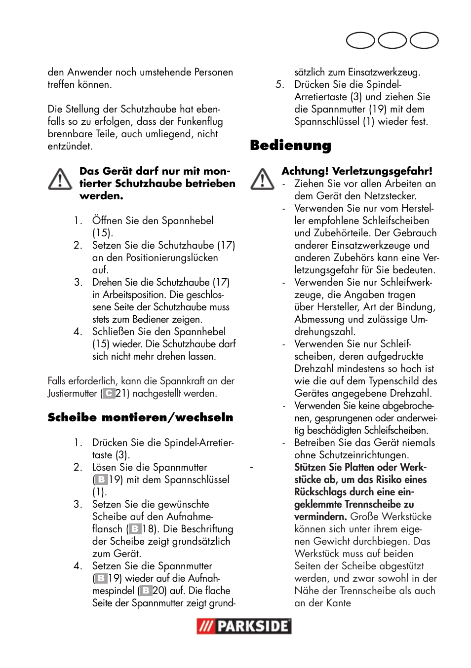 Bedienung, De at ch | Parkside PWSA 18 A1 User Manual | Page 21 / 102