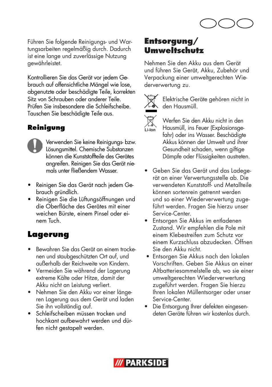 Lagerung, Entsorgung/ umweltschutz, De at ch | Parkside PWSA 18 A1 User Manual | Page 23 / 102