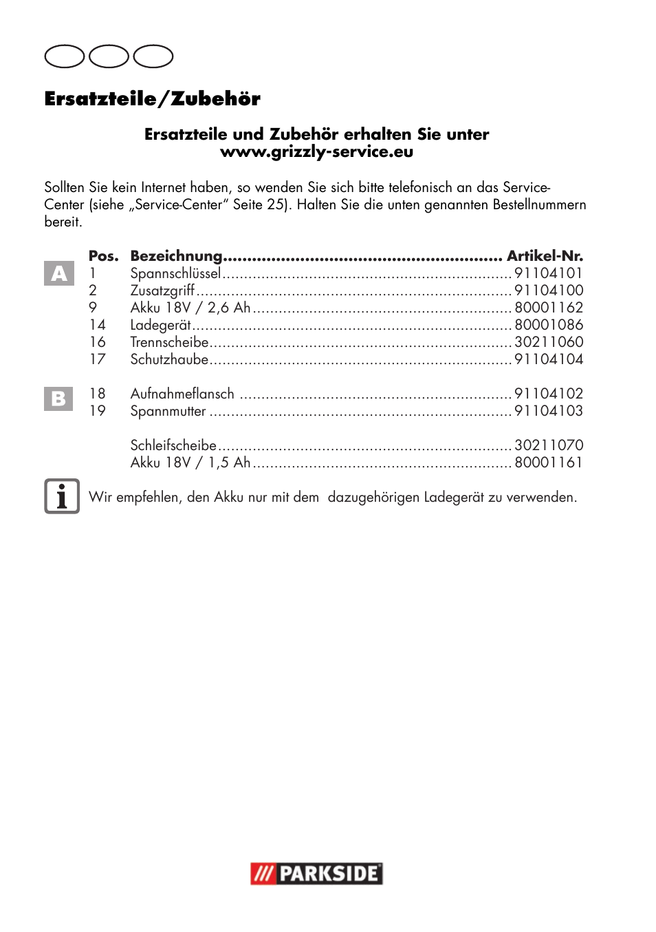 Ersatzteile/zubehör | Parkside PWSA 18 A1 User Manual | Page 26 / 102