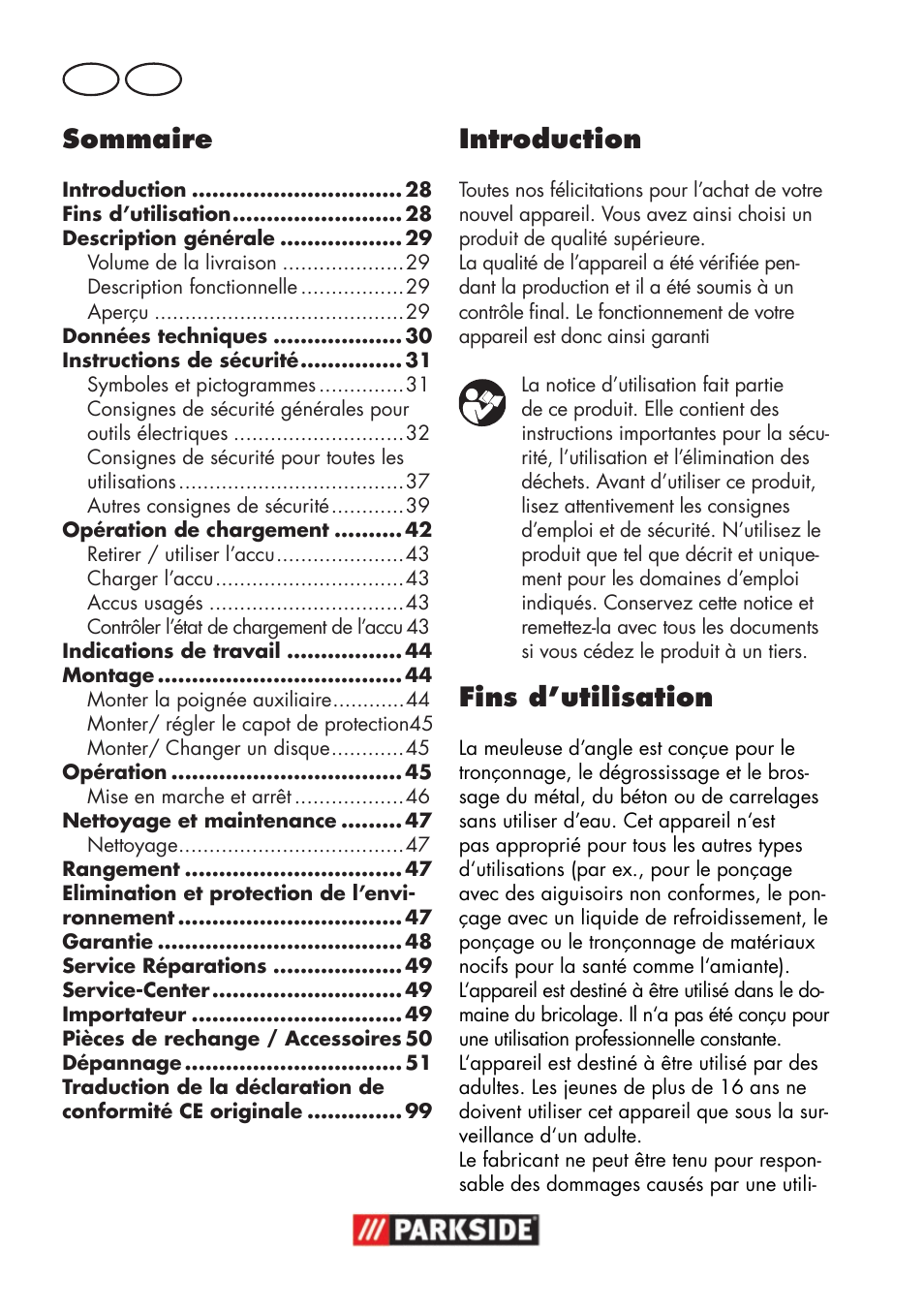 Sommaire, Introduction, Fins d’utilisation | Fr ch | Parkside PWSA 18 A1 User Manual | Page 28 / 102