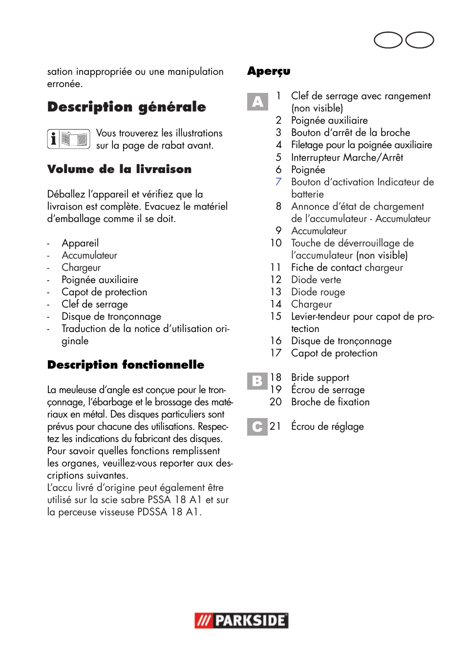 Description générale, Fr ch | Parkside PWSA 18 A1 User Manual | Page 29 / 102