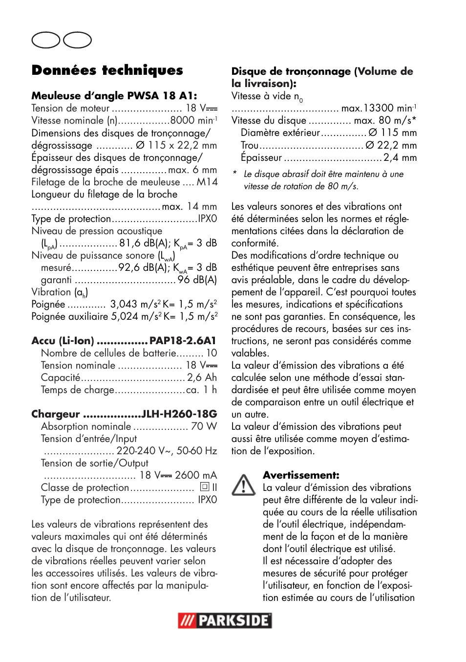 Données techniques, Fr ch | Parkside PWSA 18 A1 User Manual | Page 30 / 102