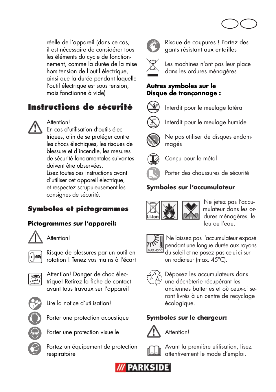 Instructions de sécurité, Fr ch | Parkside PWSA 18 A1 User Manual | Page 31 / 102
