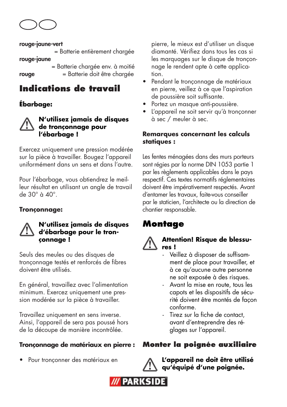 Indications de travail, Montage, Fr ch | Parkside PWSA 18 A1 User Manual | Page 44 / 102