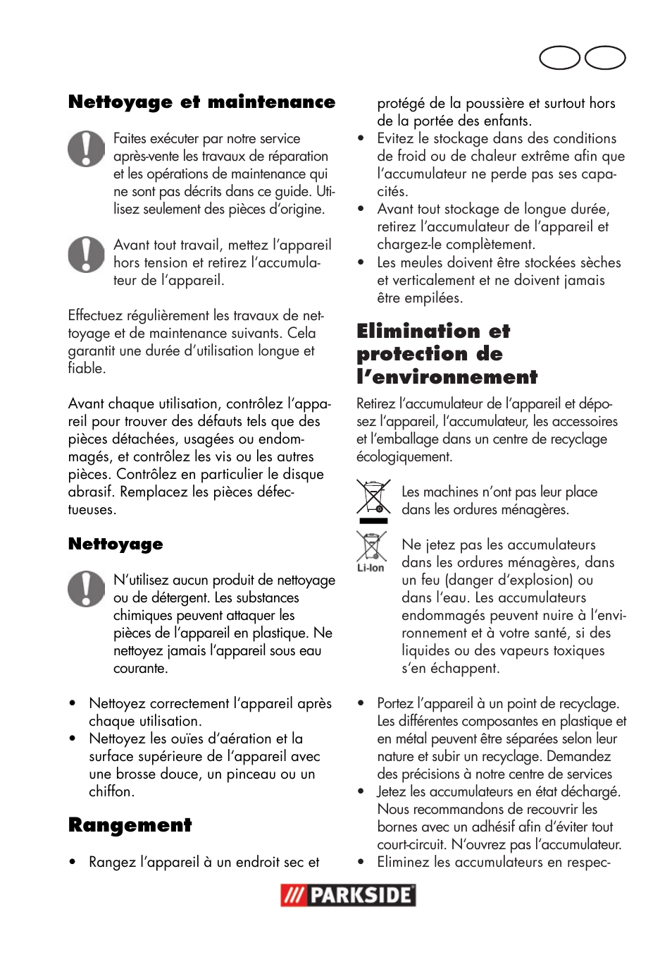 Rangement, Elimination et protection de l’environnement, Fr ch nettoyage et maintenance | Parkside PWSA 18 A1 User Manual | Page 47 / 102