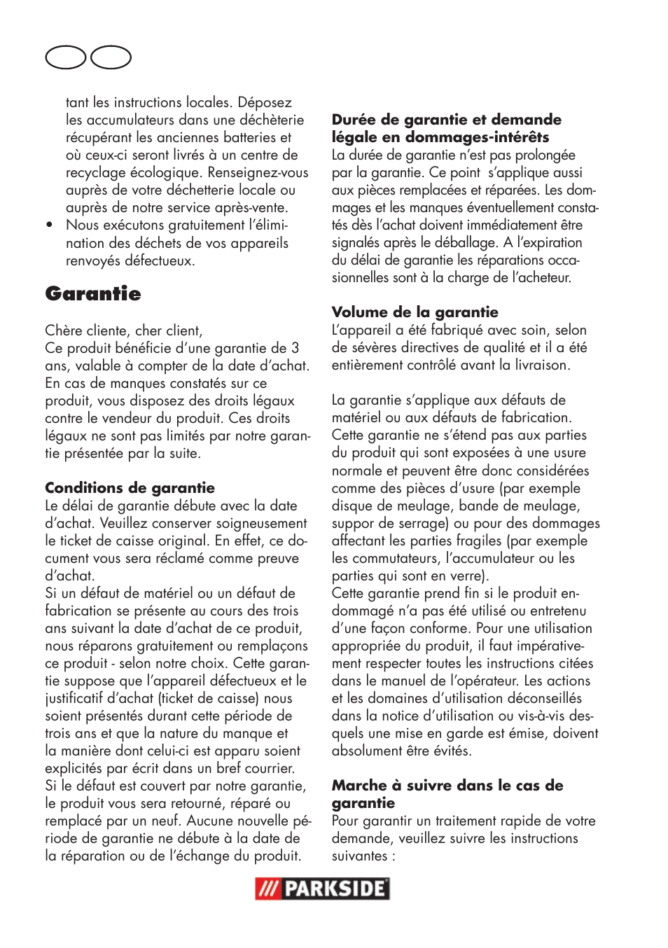 Garantie, Fr ch | Parkside PWSA 18 A1 User Manual | Page 48 / 102