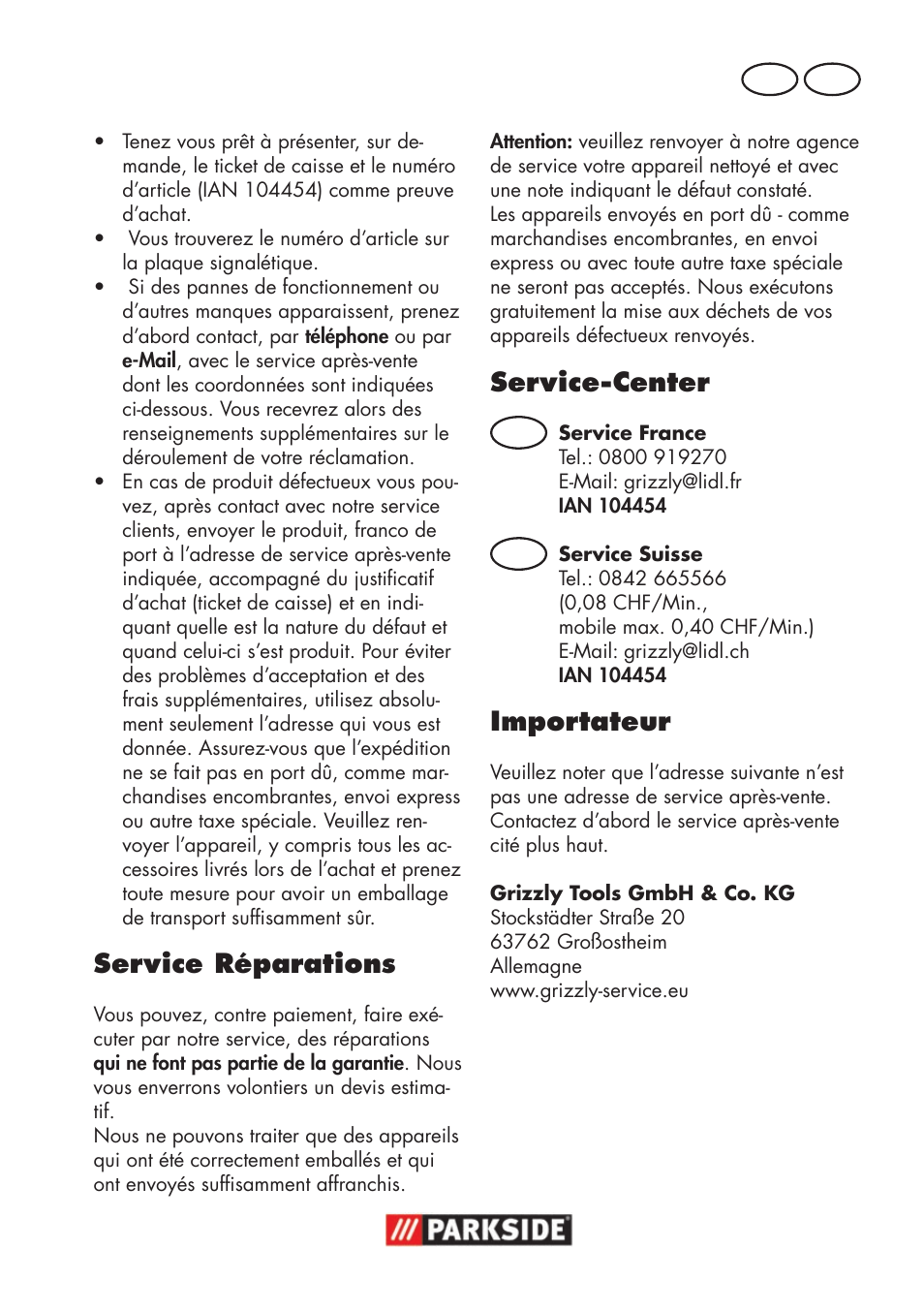 Service réparations, Service-center, Importateur | Fr ch | Parkside PWSA 18 A1 User Manual | Page 49 / 102