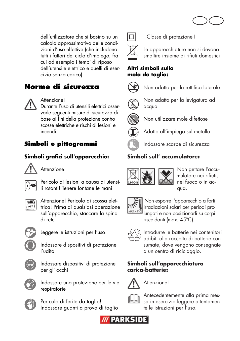 Norme di sicurezza, It ch | Parkside PWSA 18 A1 User Manual | Page 55 / 102