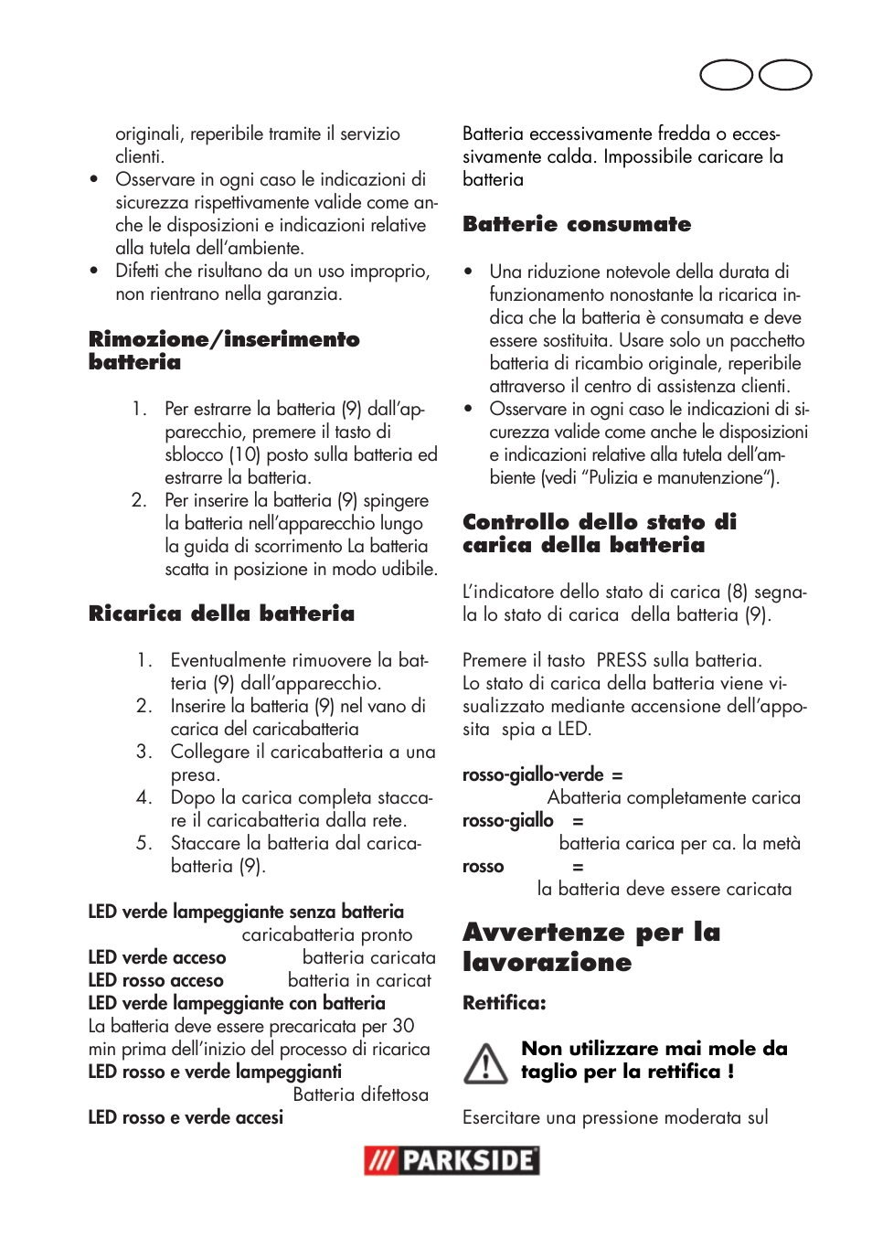 Avvertenze per la lavorazione, It ch | Parkside PWSA 18 A1 User Manual | Page 67 / 102