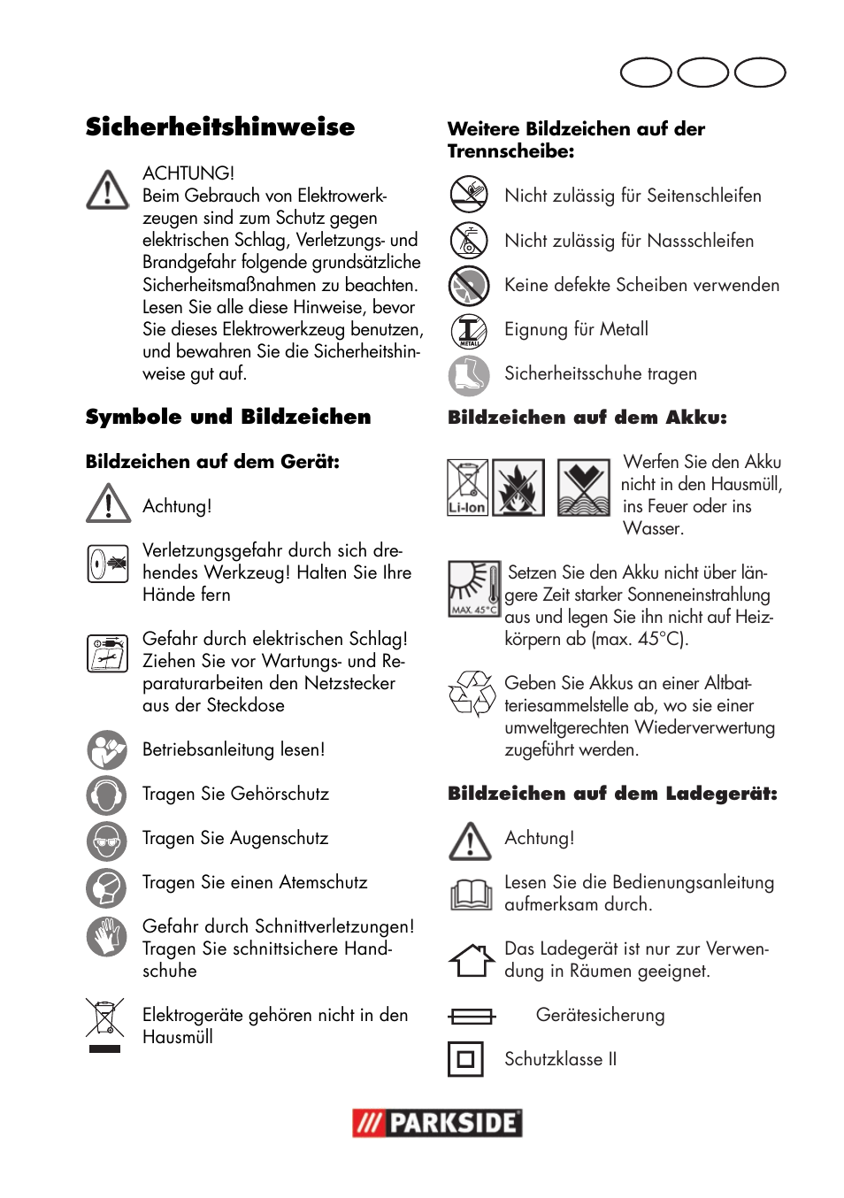 Sicherheitshinweise, De at ch | Parkside PWSA 18 A1 User Manual | Page 7 / 102