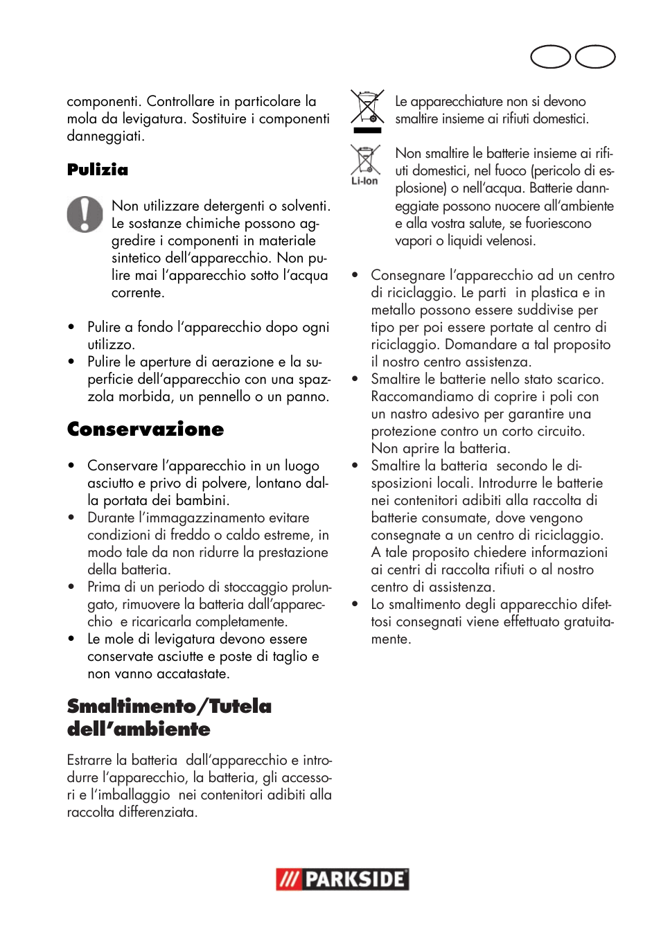 Conservazione, Smaltimento/tutela dell’ambiente, It ch | Parkside PWSA 18 A1 User Manual | Page 71 / 102