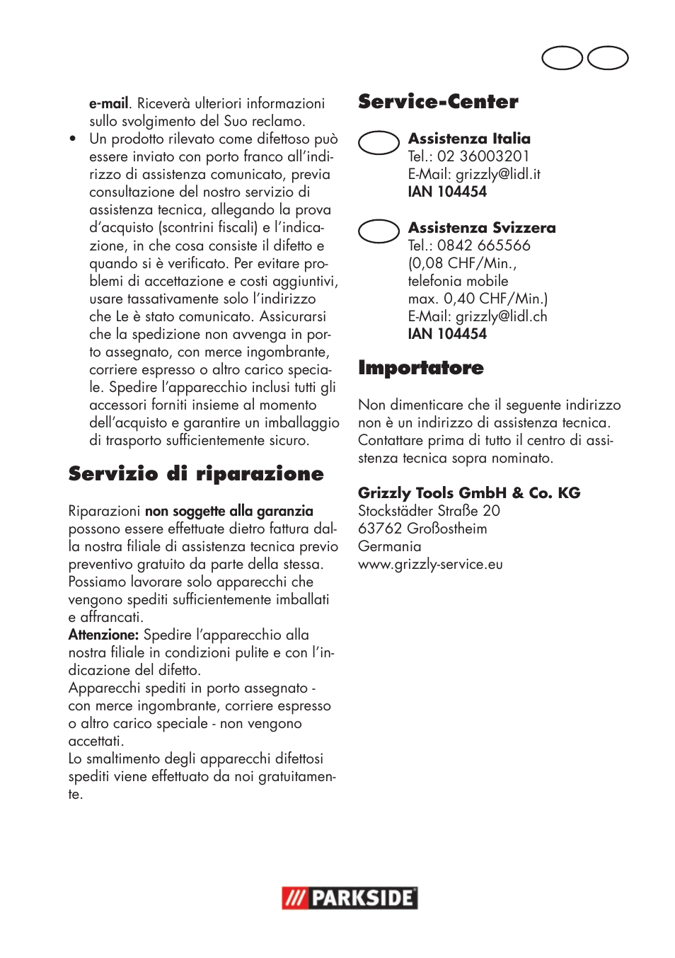 Servizio di riparazione, Service-center, Importatore | Parkside PWSA 18 A1 User Manual | Page 73 / 102