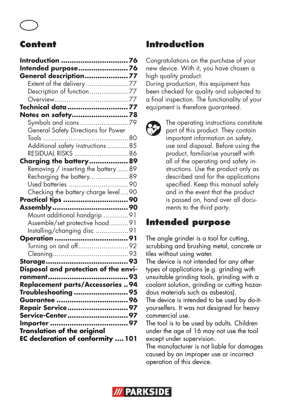 Content, Introduction, Intended purpose | Parkside PWSA 18 A1 User Manual | Page 76 / 102