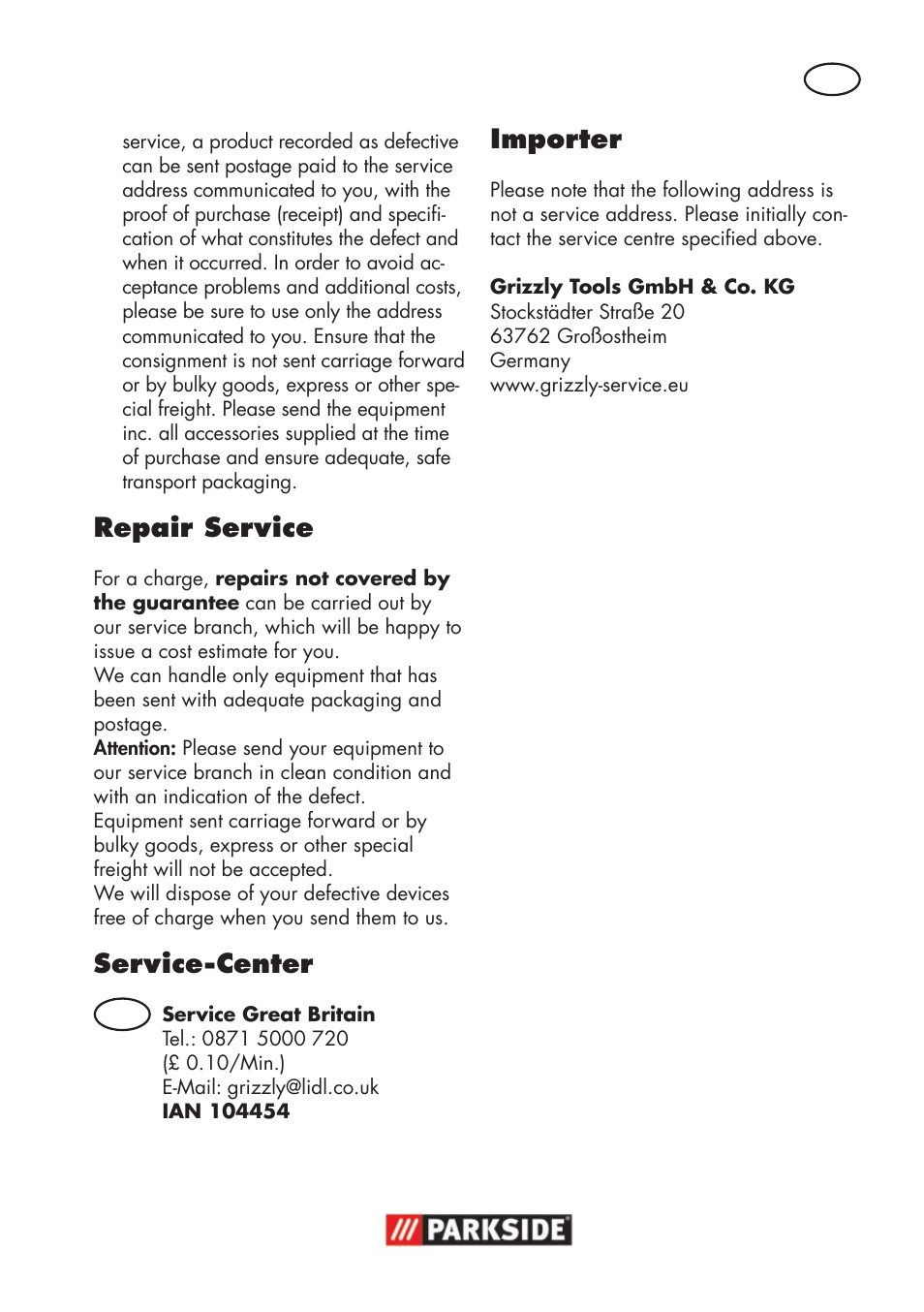 Repair service, Service-center, Importer | Parkside PWSA 18 A1 User Manual | Page 97 / 102