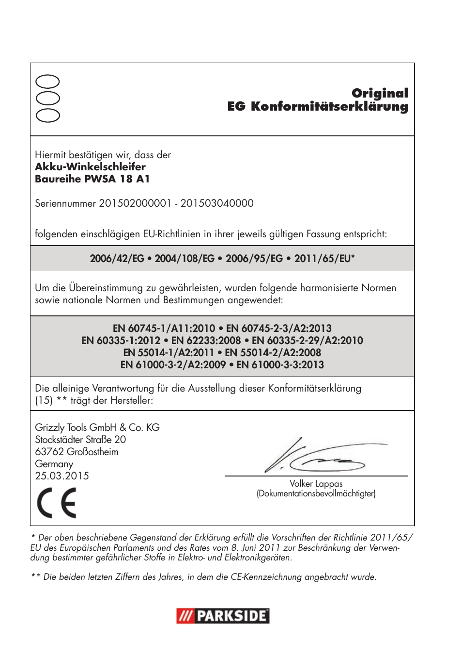 Original eg konformitätserklärung | Parkside PWSA 18 A1 User Manual | Page 98 / 102